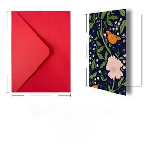 Detail of vintage floral greeting card with butterfly and red envelope size dimensions