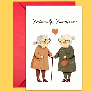 Επίπεδη όψη κάρτας Friends Forever με γιαγιάδες κινουμένων σχεδίων και κόκκινο φάκελο