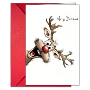 Close-up of watercolor reindeer greeting card with a red envelope for Christmas