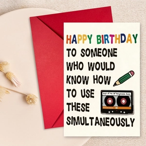 Funny Retro Birthday Greeting Card Set With Red Envelope Humorous Cassette Tape Pencil Illustration Paper Card For Adults