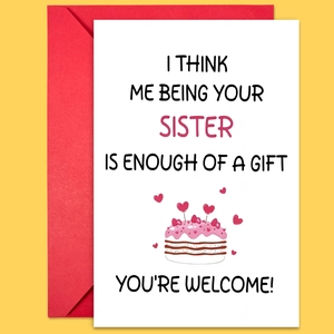 Detail of funny sister birthday card with red envelope and pink strawberry cake illustration