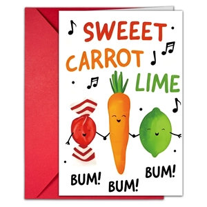 Creative cartoon greeting card set with anthropomorphic fruits and a bright red envelope