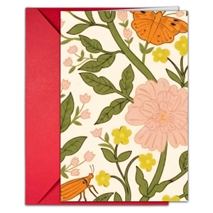 Detail of floral greeting card with red envelope featuring botanical and insect art
