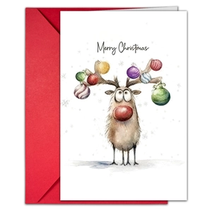 Christmas greeting card set with watercolor reindeer illustration and red envelope