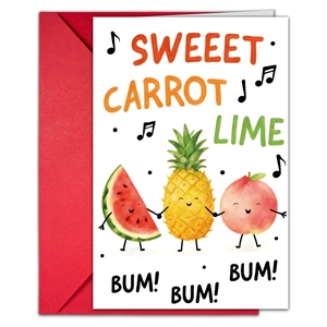 Close-up of creative watercolor fruit birthday card with a vibrant red envelope set