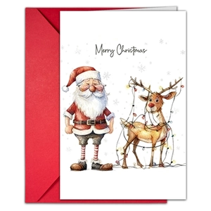 Close-up of watercolor Santa and reindeer card with a vibrant red envelope