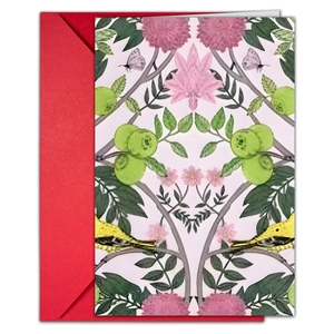 Macro detail of a vintage floral greeting card with red envelope and watercolor nature art