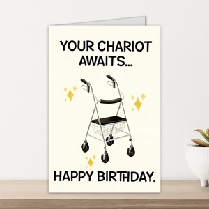 Detalle de tarjeta de cumpleaños graciosa con ilustración de andador sobre mesa madera