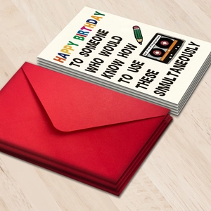 Funny large birthday card set with red envelopes and retro tape illustration on wood