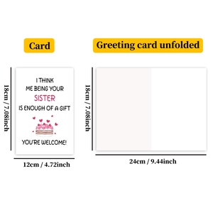 Detailed view showing dimensions and open-flat layout of sister birthday greeting card