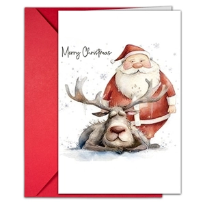 Detail of Christmas card with watercolor Santa and reindeer, including a red envelope