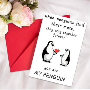 Detailed view of cartoon penguin illustration Valentine's Day card with red envelope set