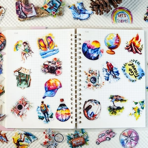 56Pcs watercolor travel stickers with retro camera and hot air balloon patterns