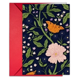 Vintage floral greeting card with pink peonies and blue background on a red envelope