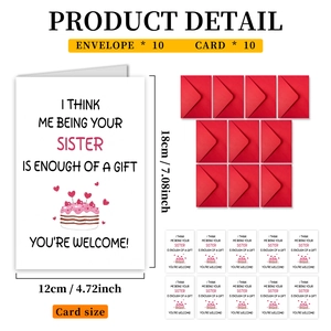 Detail view of 10 funny birthday cards for sisters with envelopes and size dimensions