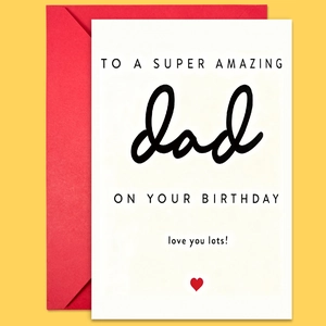 Flat lay of Happy Birthday Dad card with a red envelope on a vibrant yellow background