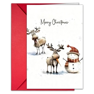 Detailed view of watercolor reindeer and snowman Christmas cards with red envelopes