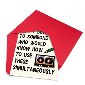 Funny 80s retro birthday card with pencil, cassette tape illustration and red envelope