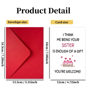 Funny sister birthday card set with red envelope and minimalist cake illustration art