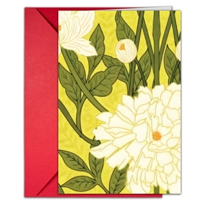 Detail of vintage floral greeting card with white daisy pattern and red envelope