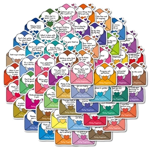 Set of 56 colorful cartoon envelope stickers with motivational English quotes and hearts
