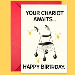 Detalle de tarjeta de cumpleaños graciosa con ilustración de andador y sobre rojo