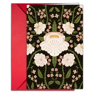 Detailed view of vintage floral greeting card with elegant red envelope for gifts