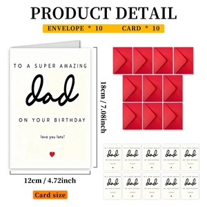 Detail view of 10-piece Happy Birthday Dad card set with red envelopes and measurements