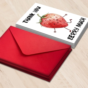Hand-painted strawberry thank you cards with red envelopes on light wood background