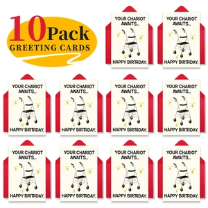 Detalle de set de 10 tarjetas de cumpleaños divertidas con sobres rojos e ilustración de andador