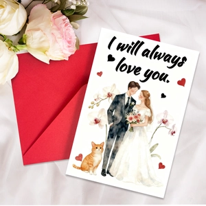 Close-up of a watercolor wedding card with I will always love you text and red envelope