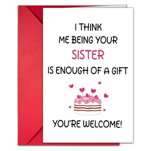 Minimalist birthday card for sister with a pink cake design and matching red envelope