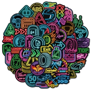 Neon racing car graffiti stickers for suitcases and bottles with cool glow effects