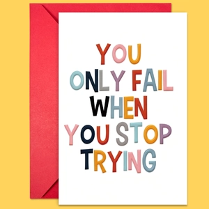 Macro shot of 3D vibrant inspirational quote card with a bright red envelope
