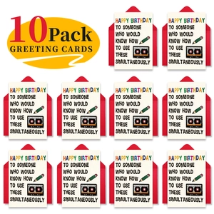 Detailed set of 10 funny retro birthday cards with red envelopes in a grid layout