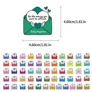 Detailed size view of 50 waterproof heart-shaped cartoon stickers with English quotes