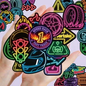 56-pack of neon race car stickers for luggage and water bottles with racing graphics
