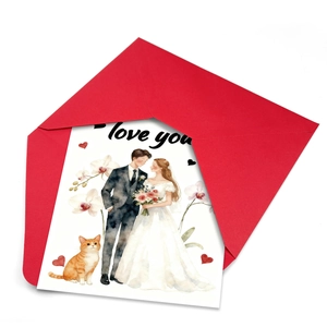 Wedding greeting card set with watercolor bridal couple illustration and red envelope
