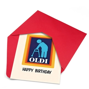 Funny 'OLDI' parody birthday card with red envelope and walker illustration for seniors