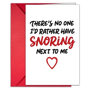 Detail of funny engagement card with snoring quote and red heart on white envelope