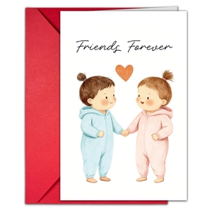 Λεπτομέρεια κάρτας Friends Forever με εικονογράφηση κινουμένων σχεδίων και κόκκινο φάκελο