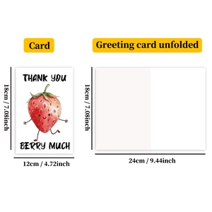 Detailed view of strawberry greeting card showing folded and unfolded sizes 12x18cm