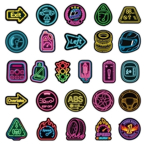 Detailed grid of 25 neon racing car stickers featuring speedometers and dash icons