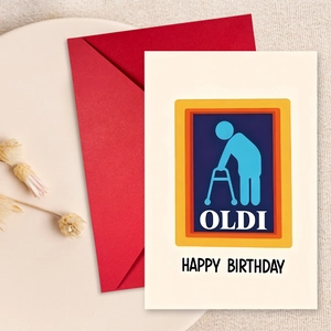 Funny OLDI birthday card with red envelope and walker silhouette on a ceramic tray