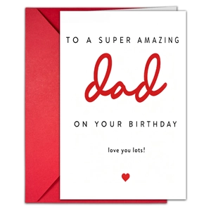 Detail of white birthday card for dad with red envelope and heart design elements