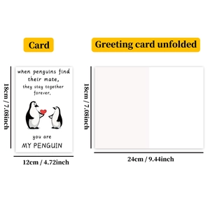 Detailed view of folded and unfolded cartoon penguin Valentine's card with dimensions