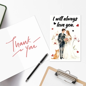 Detail of watercolor wedding card with bride and groom illustration and romantic text