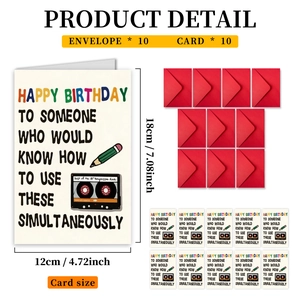 Set of 10 large humorous birthday cards with red envelopes showing 12x18cm dimensions