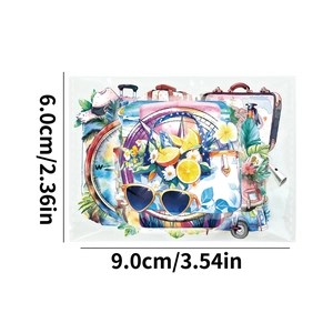 Watercolour travel stickers in clear packaging with bag and compass patterns