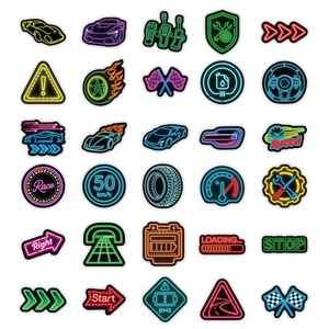Neon race car stickers set featuring speed dials steering wheels and car outlines